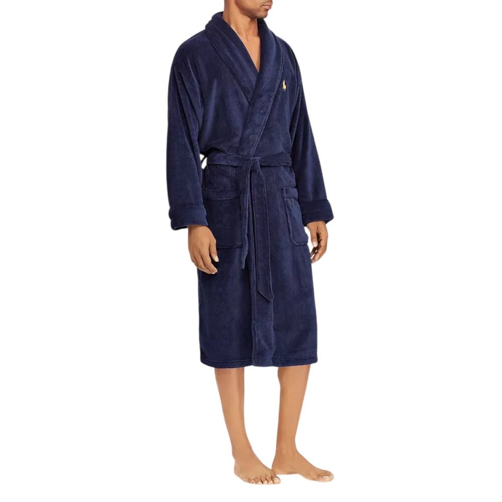 Polo Ralph Lauren Plush Fleece Robe One Size Men’s Navy Blue Yellow Pony Belted